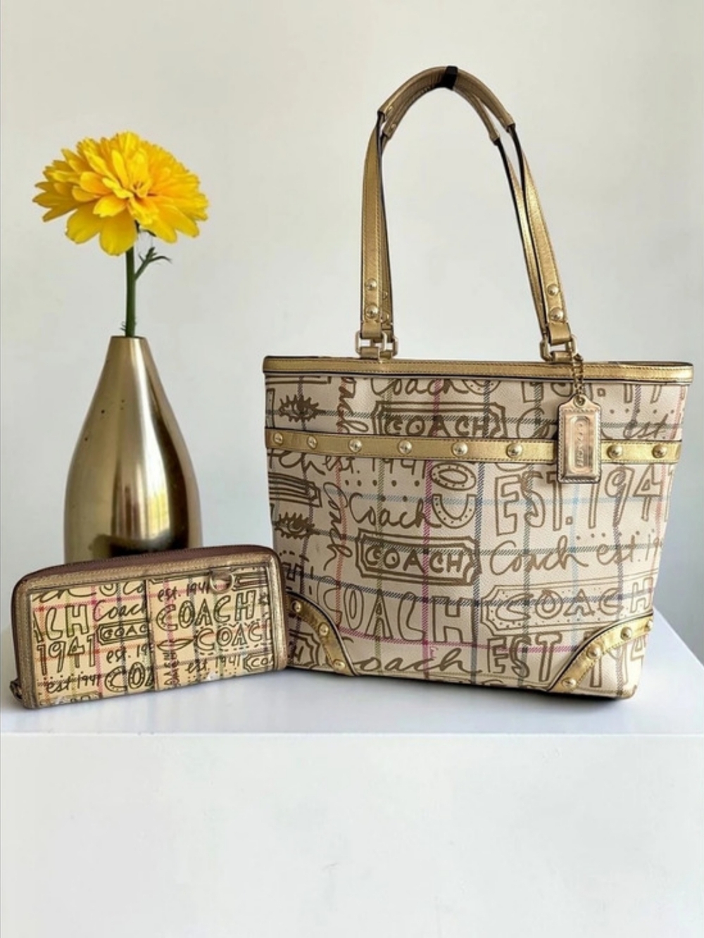 Coach Heritage Tattersall Graffiti Gold Tote & Wallet Set 2009